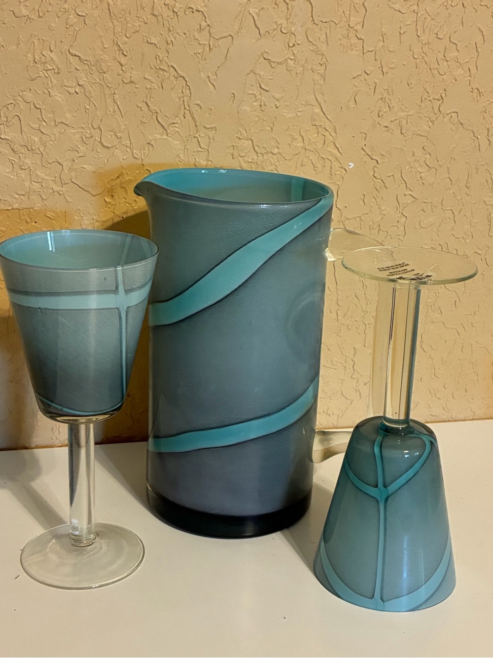 Pier One mouth blown Smoke Goblets (2) And Pitcher —Vintage
